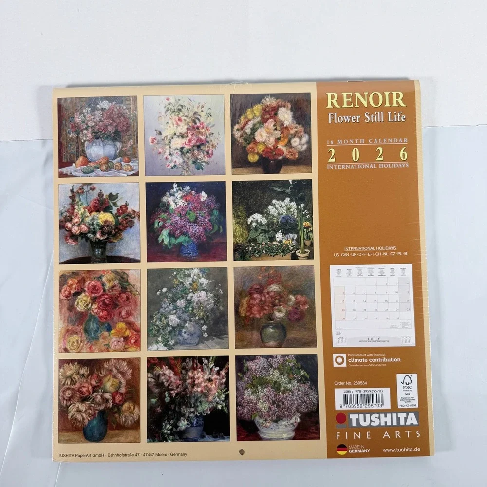 Renoir Flower Still Life 2026 Tushita Fine Arts 16-Month Wall Calendar NWT